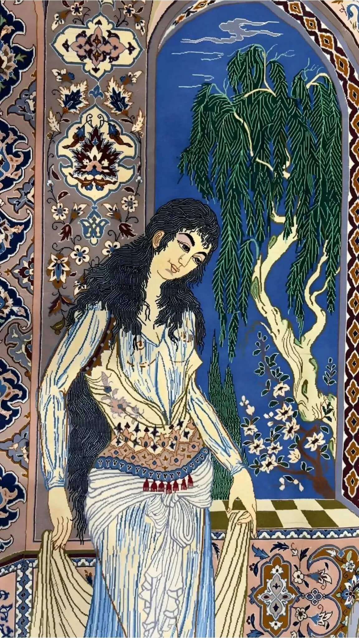 "Detailed Persian rug with pictorial design, natural dyes, Isfahan origin"